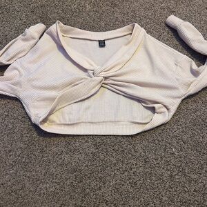 SHEIN Cream Long Sleeve Tie Front Crop Blouse